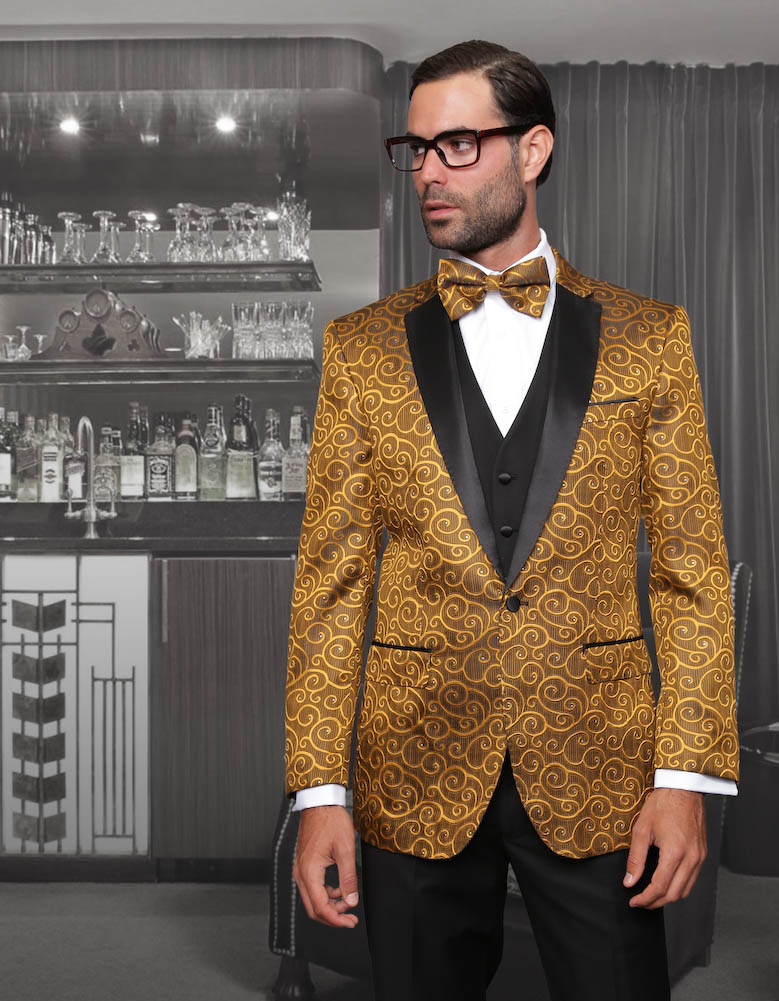 BELLAGIO CLASSIC 3PC 1 BUTTON MENS GOLD SUIT WITH TRIM ON THE